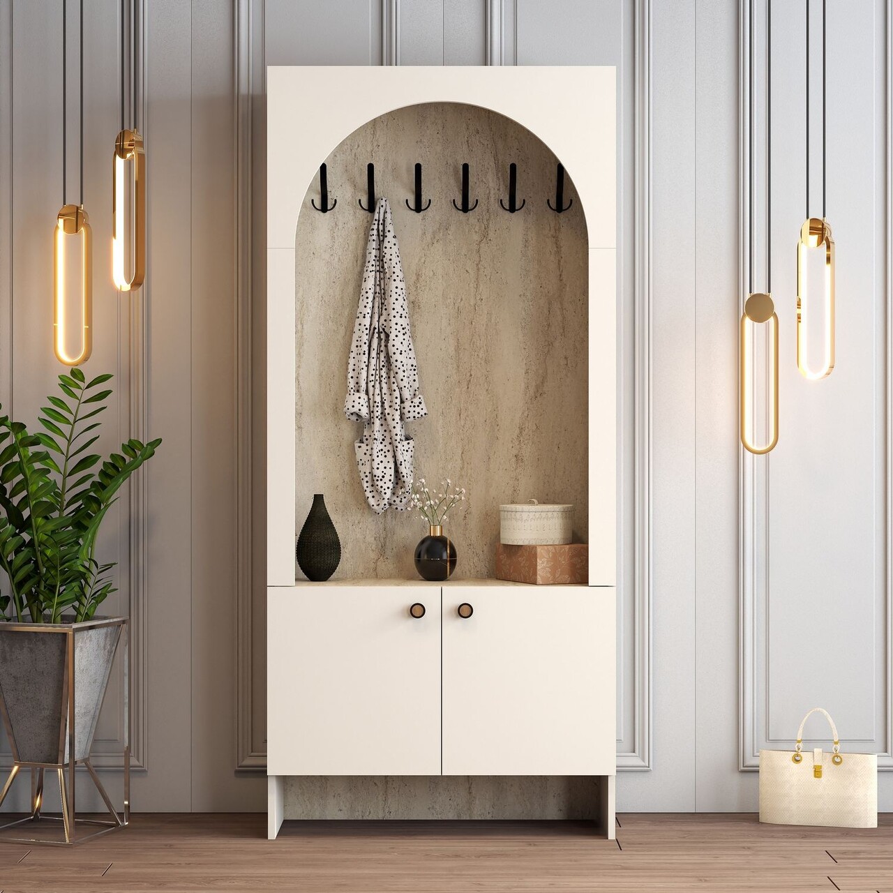 Cuier de perete, Hanah Home, Palermo K, 90x200.6x37 cm, PAL, Cream / Travertine - imagine 7